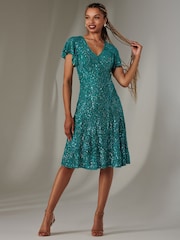 Синий - Jolie Moi V-Neck Fit and Flare Sequin Dress - Image 1 of 6