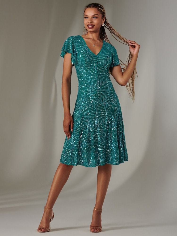 Синий - Jolie Moi V-Neck Fit and Flare Sequin Dress - Image 1 of 6