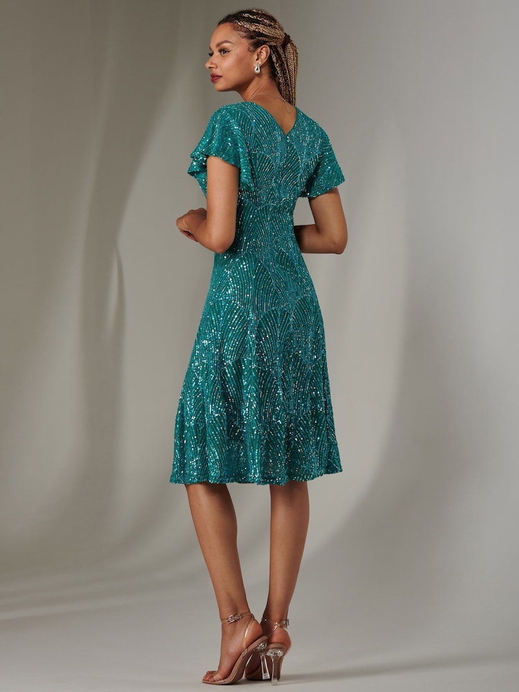 Синий - Jolie Moi V-Neck Fit and Flare Sequin Dress - Image 2 of 6