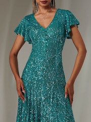 Синий - Jolie Moi V-Neck Fit and Flare Sequin Dress - Image 3 of 6