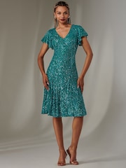 Синий - Jolie Moi V-Neck Fit and Flare Sequin Dress - Image 4 of 6