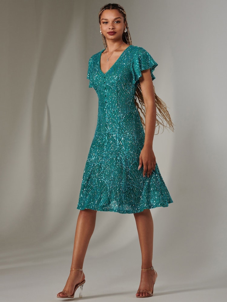Синий - Jolie Moi V-Neck Fit and Flare Sequin Dress - Image 6 of 6