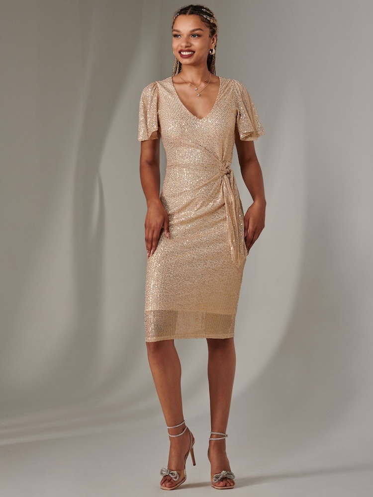 Jolie Moi Gold Side Tie Flare Sleeves Sequin Dress - Image 6 of 6 Jolie Moi Gold Side Tie Flare Sleeves Sequin Dress - Image 6 of 6