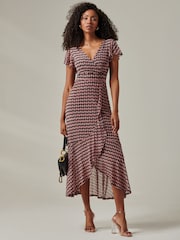 Jolie Moi Pink Geo Print Ruffle Hem Mesh Maxi Dress - Image 1 of 6