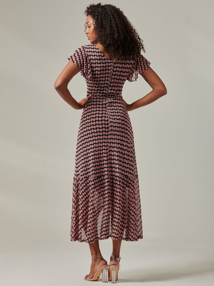 Jolie Moi Pink Geo Print Ruffle Hem Mesh Maxi Dress - Image 2 of 6