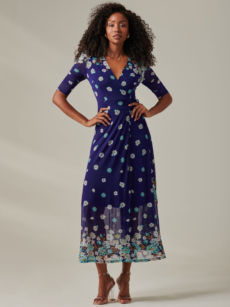 Jolie Moi Dark Blue Stella Floral Print Wrap Mesh Maxi Dress - Image 1 of 6