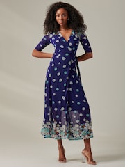 Jolie Moi Dark Blue Stella Floral Print Wrap Mesh Maxi Dress - Image 4 of 6