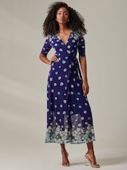 Jolie Moi Dark Blue Stella Floral Print Wrap Mesh Maxi Dress - Image 5 of 6
