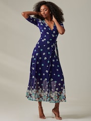 Jolie Moi Dark Blue Stella Floral Print Wrap Mesh Maxi Dress - Image 6 of 6