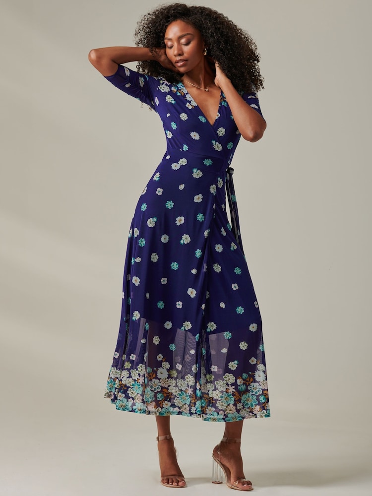 Jolie Moi Dark Blue Stella Floral Print Wrap Mesh Maxi Dress - Image 6 of 6