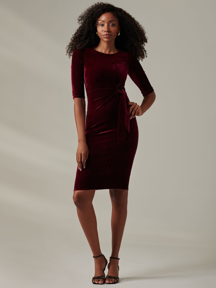 Jolie Moi Red Velvet Side Tie Midi Dress - Image 1 of 6 Jolie Moi Red Velvet Side Tie Midi Dress - Image 1 of 6