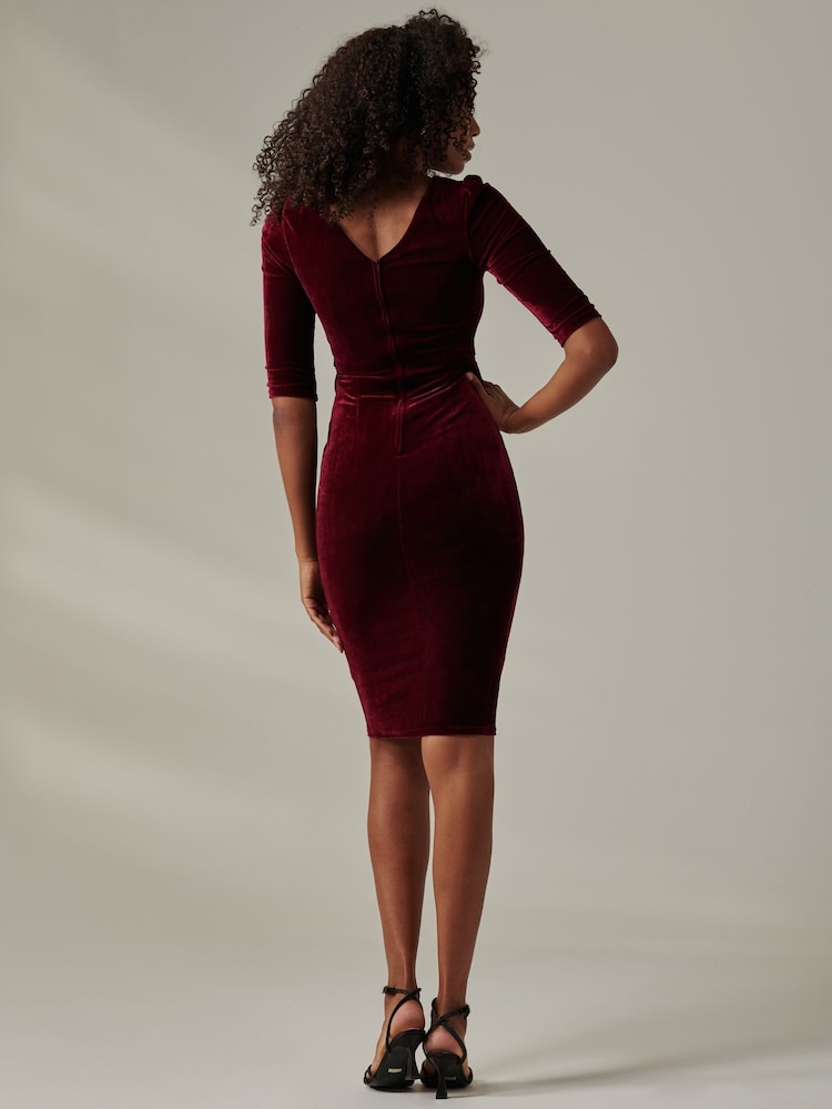 Jolie Moi Red Velvet Side Tie Midi Dress - Image 2 of 6 Jolie Moi Red Velvet Side Tie Midi Dress - Image 2 of 6