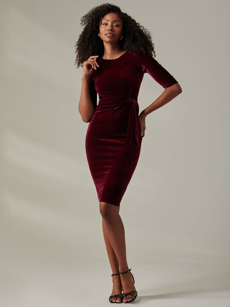 Jolie Moi Red Velvet Side Tie Midi Dress - Image 6 of 6 Jolie Moi Red Velvet Side Tie Midi Dress - Image 6 of 6