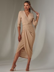 Jolie Moi Nude Wrap Ruched Sparkly Jersey Dress - Image 1 of 6