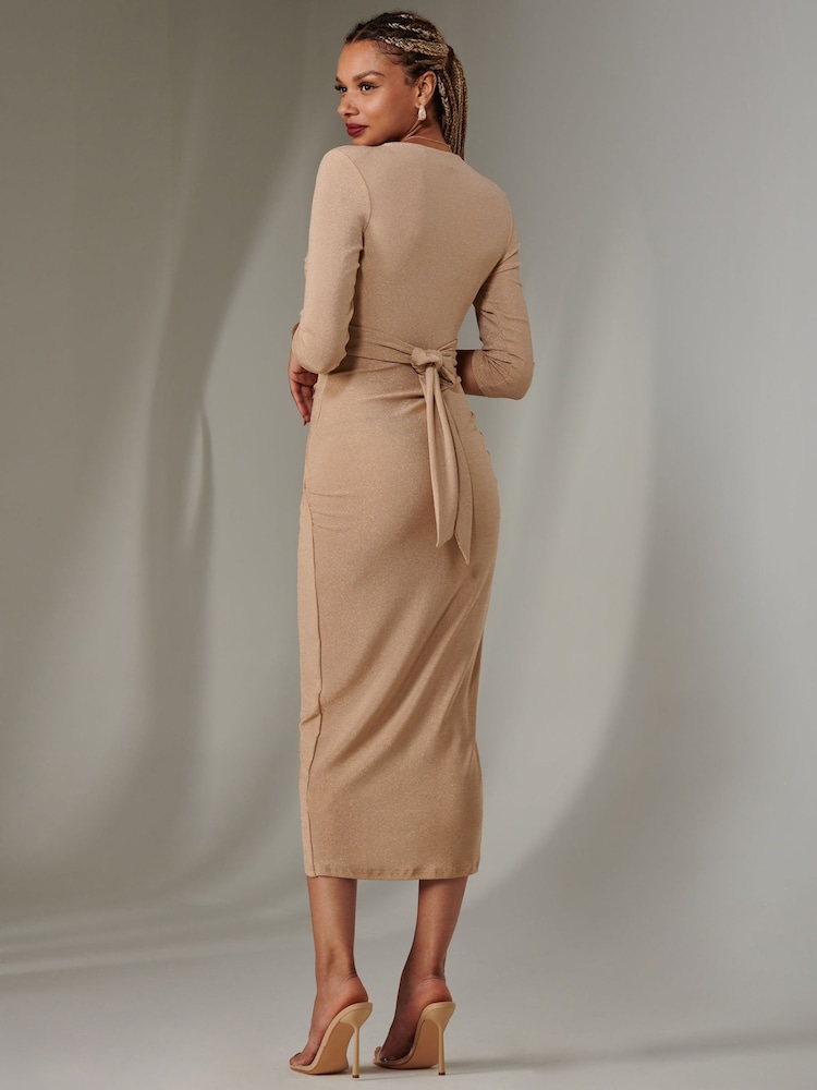 Jolie Moi Nude Wrap Ruched Sparkly Jersey Dress - Image 2 of 6