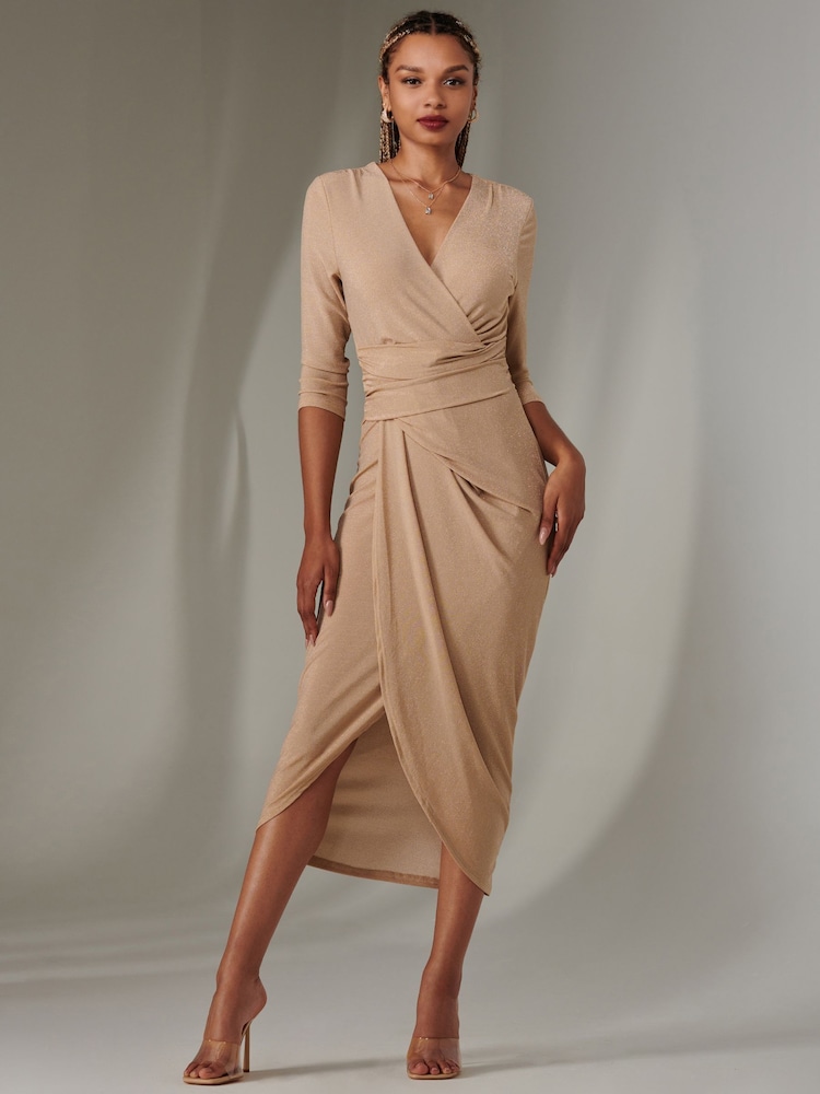 Jolie Moi Nude Wrap Ruched Sparkly Jersey Dress - Image 4 of 6