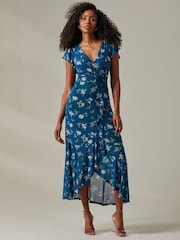 Jolie Moi Dark Blue Heleyna Ruffle Hem Mesh Maxi Dress - Image 1 of 6