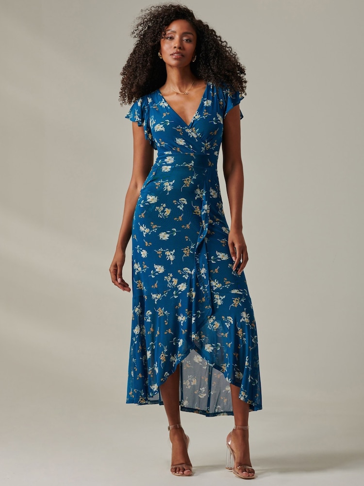 Jolie Moi Dark Blue Heleyna Ruffle Hem Mesh Maxi Dress - Image 1 of 6