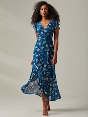 Jolie Moi Dark Blue Heleyna Ruffle Hem Mesh Maxi Dress - Image 6 of 6
