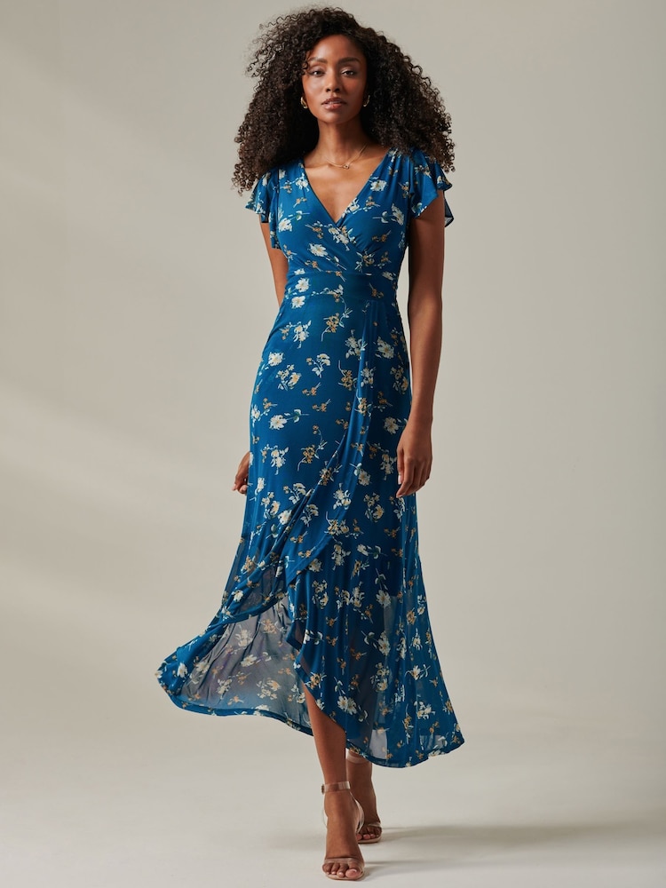 Jolie Moi Dark Blue Heleyna Ruffle Hem Mesh Maxi Dress - Image 6 of 6