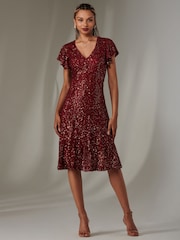 Jolie Moi Red V-Neck Fit and Flare Sequin Dress - Image 1 of 6