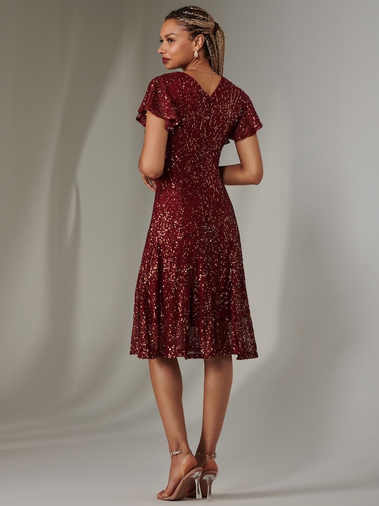 Jolie Moi Red V-Neck Fit and Flare Sequin Dress - Image 2 of 6