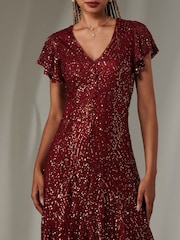 Jolie Moi Red V-Neck Fit and Flare Sequin Dress - Image 3 of 6