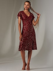 Jolie Moi Red V-Neck Fit and Flare Sequin Dress - Image 4 of 6