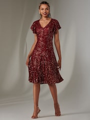 Jolie Moi Red V-Neck Fit and Flare Sequin Dress - Image 6 of 6