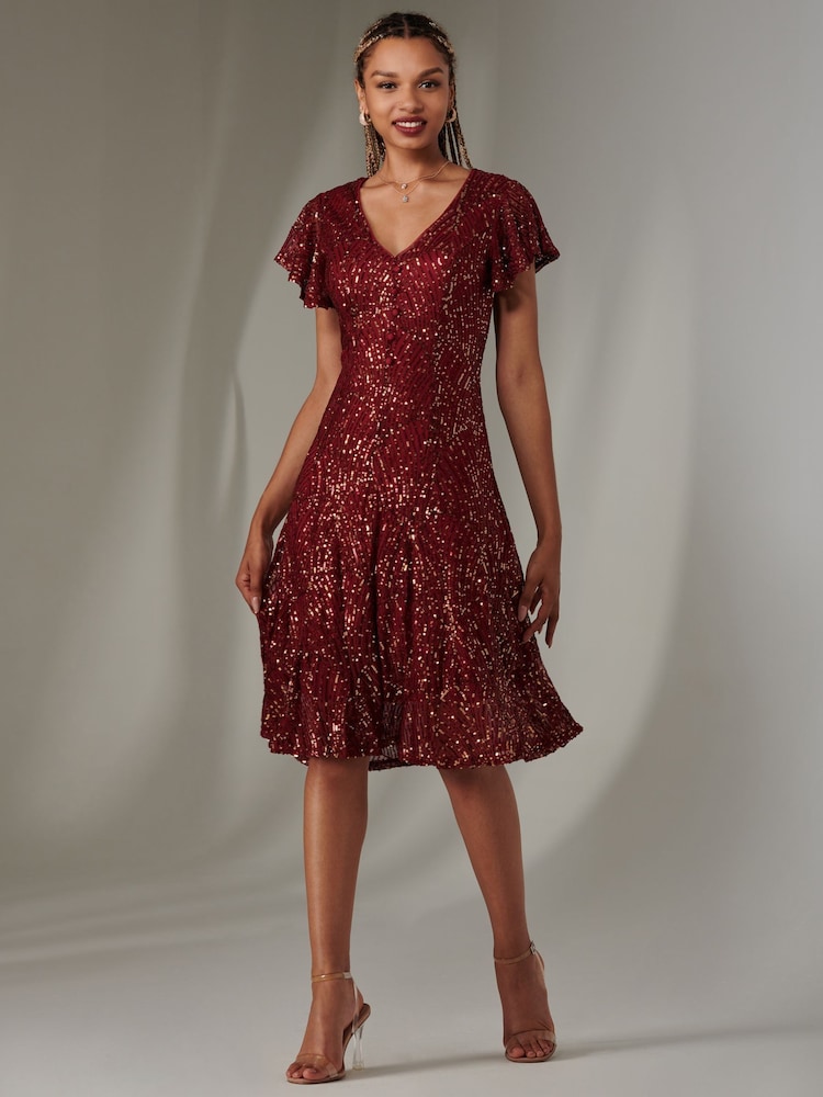 Jolie Moi Red V-Neck Fit and Flare Sequin Dress - Image 6 of 6