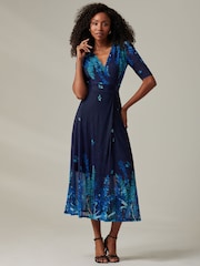 Jolie Moi Blue Stella Floral Print Wrap Mesh Maxi Dress - Image 1 of 6