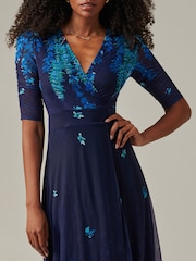 Jolie Moi Blue Stella Floral Print Wrap Mesh Maxi Dress - Image 3 of 6