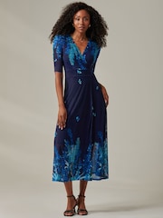 Jolie Moi Blue Stella Floral Print Wrap Mesh Maxi Dress - Image 4 of 6