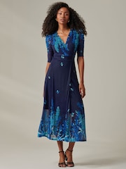 Jolie Moi Blue Stella Floral Print Wrap Mesh Maxi Dress - Image 5 of 6