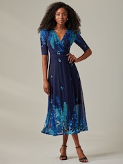 Jolie Moi Blue Stella Floral Print Wrap Mesh Maxi Dress - Image 6 of 6