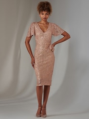 Jolie Moi Gold Angel Sleeves V-Neck Sequin Dress - Image 5 of 6