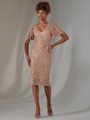 Jolie Moi Gold Angel Sleeves V-Neck Sequin Dress - Image 6 of 6