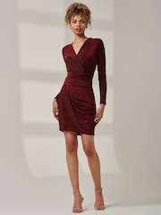 Jolie Moi Red Metallic Long Sleeves Knee Length Dress - Image 1 of 6