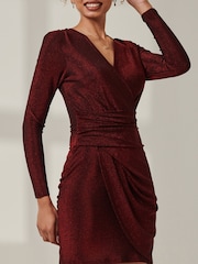 Jolie Moi Red Metallic Long Sleeves Knee Length Dress - Image 3 of 6