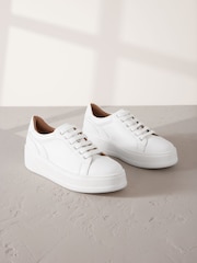 White Lace Up Signature Premium Leather Chunky Wedge Lace-Up Trainers - Image 1 of 5