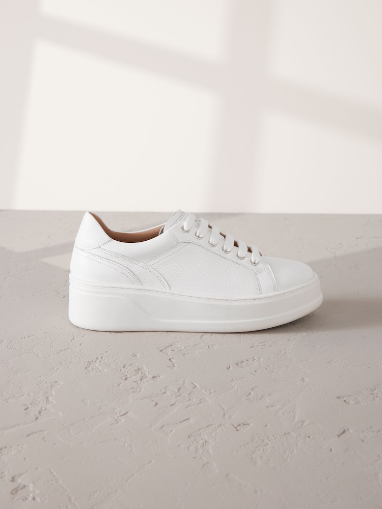 White Lace Up Signature Premium Leather Chunky Wedge Lace-Up Trainers - Image 2 of 5