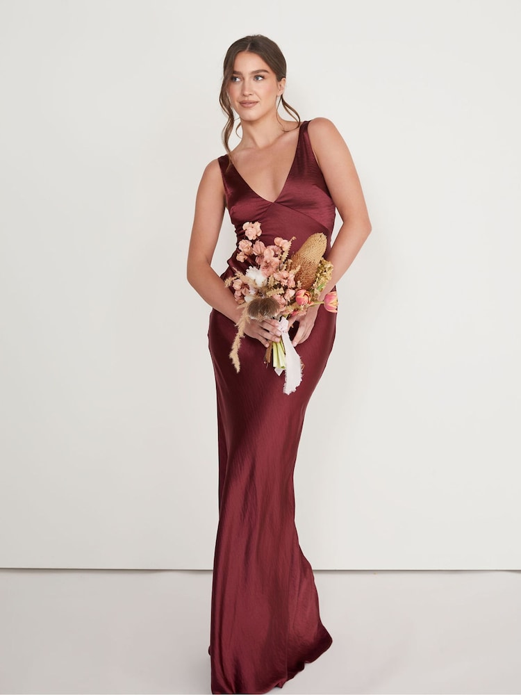 Six Stories Burgundy Twist Back Satin Bridesmaid Dress - Image 1 of 5 Six Stories Burgundy Twist Back Satin Bridesmaid Dress - Image 1 of 5