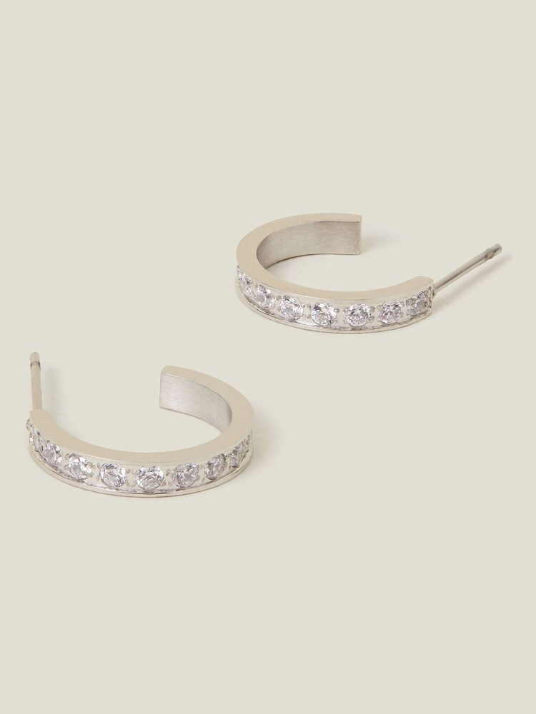 Accessorize Silver Tone Platinum Plated Stainless Steel Pave Hoop Earrings - Image 1 of 3