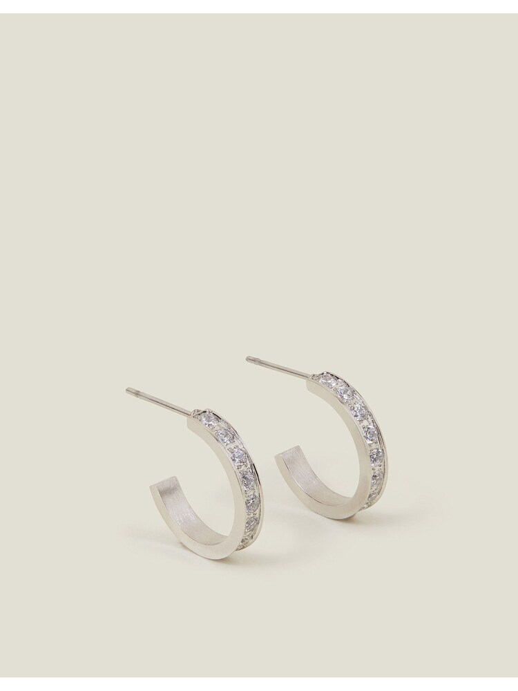 Accessorize Silver Tone Platinum Plated Stainless Steel Pave Hoop Earrings - Image 3 of 3