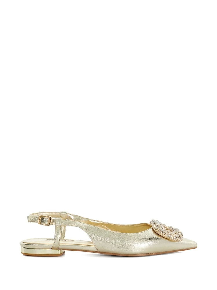 zlata (barva); zlato - Dune London potisk; vzorec Confidence Broach Trim čevlji s plosko peto/brez pete Slingback čevlji s plosko peto/brez pete - Slika 2 iz 6