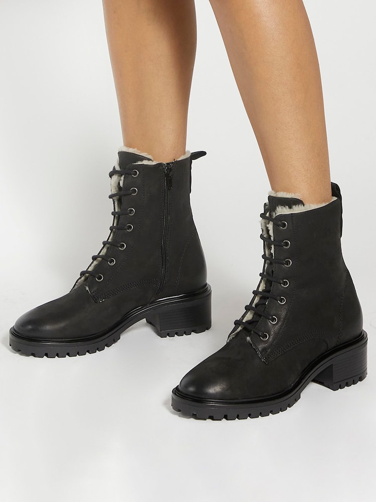 Dune London Black Paniz Lace Up Block Mid Heel Boots - Image 1 of 6