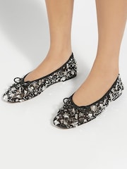 Dune London Black Hannie Embellished Mesh Ballet Flat Shoes - Image 1 of 6