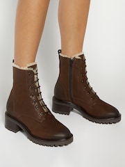 Dune London Brown Paniz Lace Up Block Mid Heel Boots - Image 1 of 6
