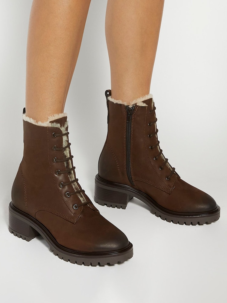 Dune London Brown Paniz Lace Up Block Mid Heel Boots - Image 1 of 6 Dune London Brown Paniz Lace Up Block Mid Heel Boots - Image 1 of 6