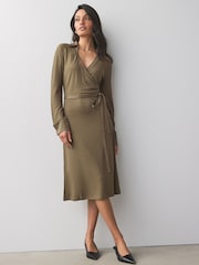 BOSS Brown Knitted Jersey Ribbed Wrap Belt Dress - Image 1 of 5